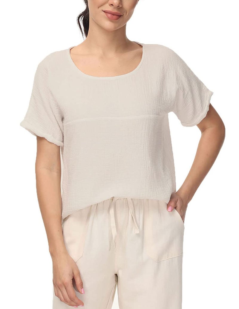 Soojun Women's Cotton Linen Round Collar Boxy Top Patchwork Blouses Beige, Large - Image 3